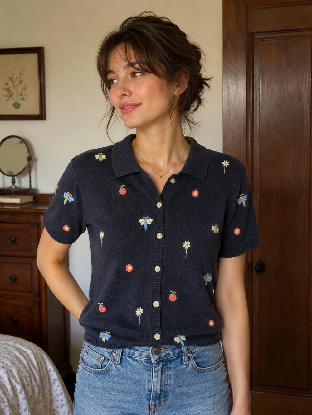 Northern Reflections- Vintage Granny Cottagecore Dragonfly Short Sleeve Knit - M